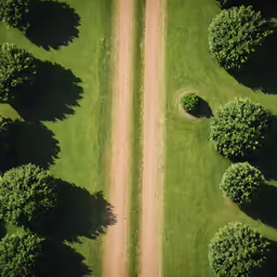 an aerial view shows the grass and dirt path