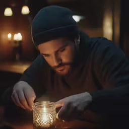 a man in a hat looking at a lit candle