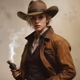 a woman with a gun and a cowboy hat is looking ahead