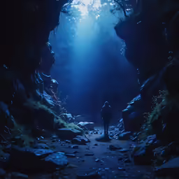 there is a person standing on a narrow trail near some rocks