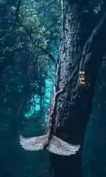 an owl that is flying near a tree