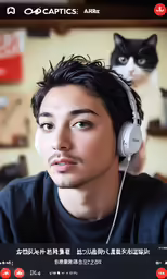 a young man wearing headphones next to a cat