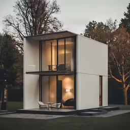 two tables sit in the grass by the windows