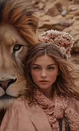 a woman posing for a photo with a lion