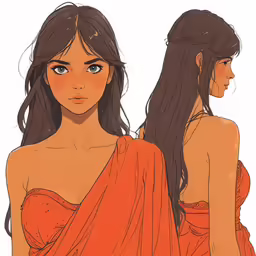 a cartoon of a woman in an orange dress with dark hair
