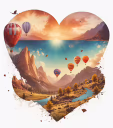 a large heart - shaped poster with several hot air balloons flying over a valley,heart shape with hot air balloons in the sky
