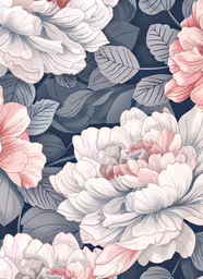 pink and gray peonies on dark background,an illustration of white, pink and blue flowers