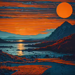 the sun setting over a mountain range with river,an orange sunset over a large body of water