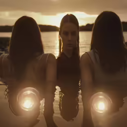 three girls are sitting in the water with their lights on