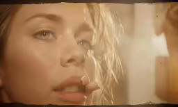 a woman is looking into a mirror, with a lip and nose piercing on
