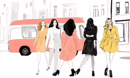 four women in front of a bus