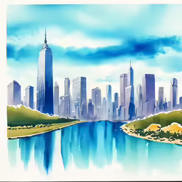 a city scene with a blue body of water