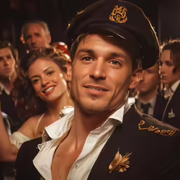 a man in uniform standing next to people