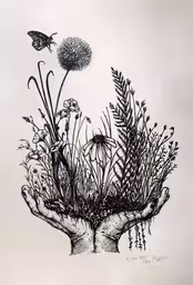 the hands are holding plants and flowers,a drawing of an hand holds a plant