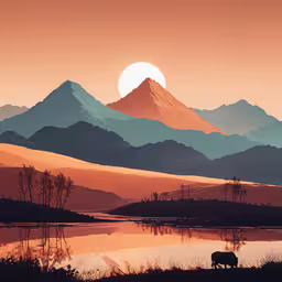 a painting of an elephant standing in the distance,the landscape shows a mountain range, a lake and a hill