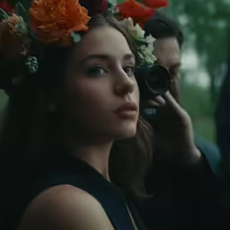 a girl wearing a wreath of flowers on her head taking a photo of another guy