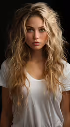 a young blonde woman with long hair and long curls,a blond woman with long, flowing hair looks into the camera