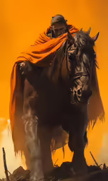 man dressed as warfighter on horse with flames behind him