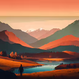 the painting shows the mountains with snow capped peaks,an abstract painting with a man standing on the hillside