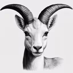 the head of a goat with horns is shown in black and white