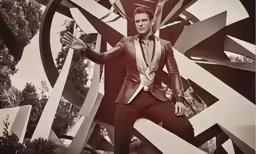 a man in a suit standing next to large abstract artwork