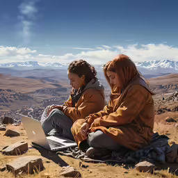 two women sitting on top of a rock with a laptop