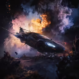 a car flying in the air over a fire hydrant