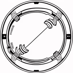 a black and white drawing of a circular object with different components,the top view of a black and white drum,the inside of a circular wheel, with some other things in it,the inside of a circular frame with a handle,an image of a circular metal object