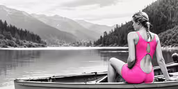 a woman wearing a pink bathing suit sits in a canoe,a woman in a pink bodysuit is sitting in the boat