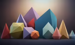 several colored polygonal figures and small figures