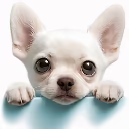 there is a small white dog peeking over a blue surface