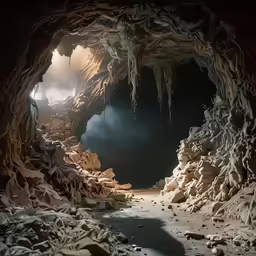 the large caves and rocks are covered with snow