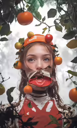 a woman wearing a fake mustache and surrounded by oranges