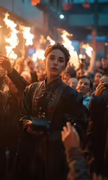 a woman is in the middle of a fire show