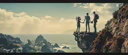 three people holding hands on a mountain side