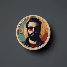 a picture of a man wearing sunglasses and a beard,a button with a picture of a man with glasses