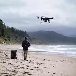 a man on the beach near an object flying over him