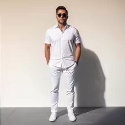 the man in white is standing in front of a wall