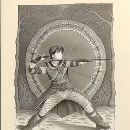 an illustration of a young male character with a bow,an illustration of a woman holding a bow and a target,an illustration of a woman holding two arrows,a drawing of the character archer in front of a circular area,a drawing of a person with a bow holding a target