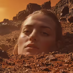 a woman with her eyes closed is buried in dirt