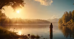 a person standing in the water on a lake,a woman standing in the water at sunset