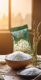 a bowl with rice and two bags of rice rice in it