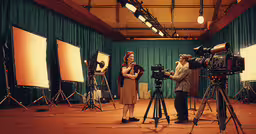 two women filming in a large room with cameras,two women are filming while one man takes a picture