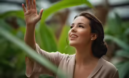 woman smiling while reaching up into the air