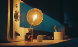 a lit light bulb inside of a glass of water