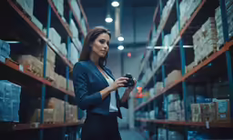 a beautiful woman holding a camera standing in a warehouse