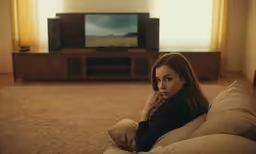 a woman sitting on the floor in front of a tv