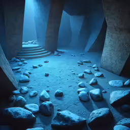several stones and rocks in the dark room