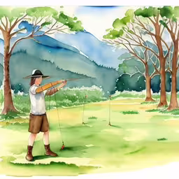 man shooting a target with an arrow in the forest,a painting of a man with a rifle, in the distance behind some trees