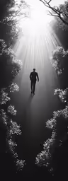 a black and white image of a man walking on his own path
